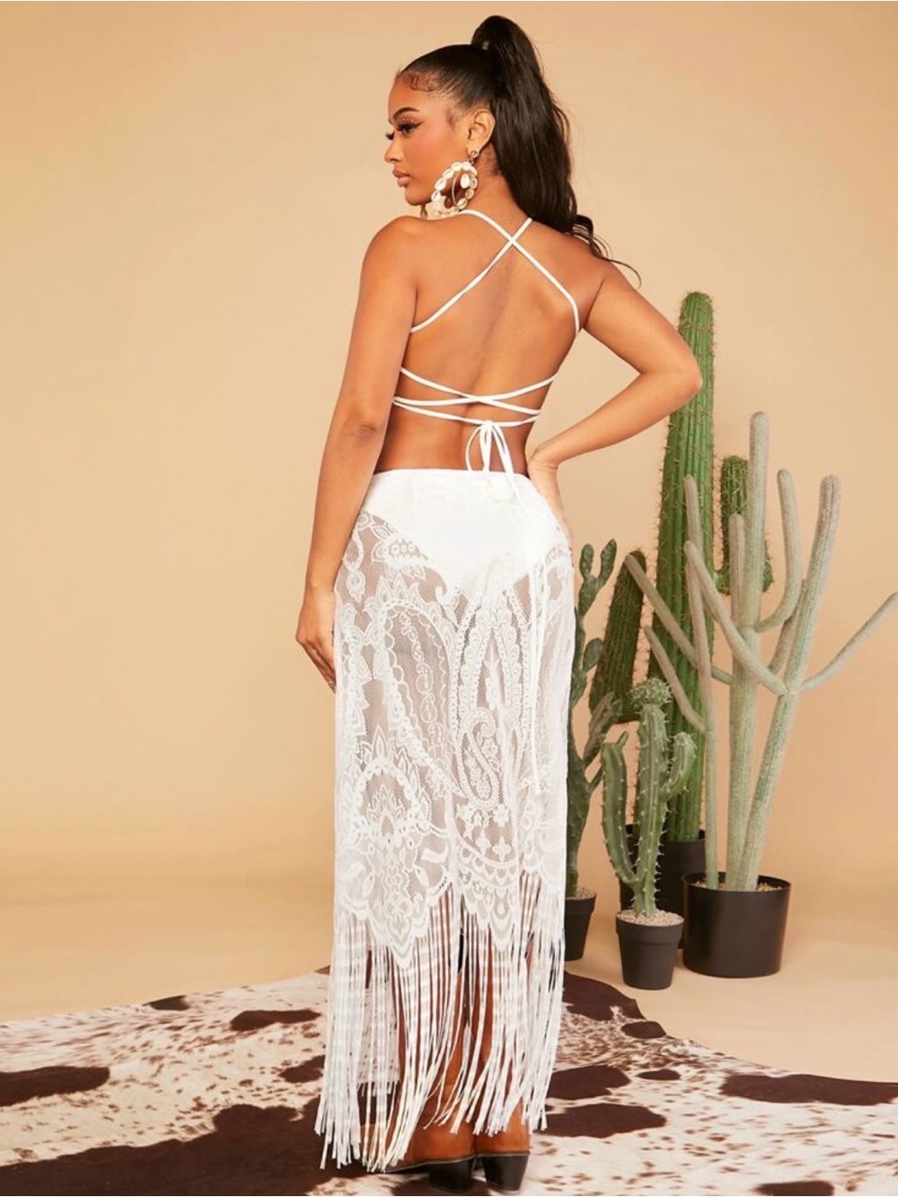 White Lace Cutout Fringe Midi Dress New without tags - Picture 4 of 9